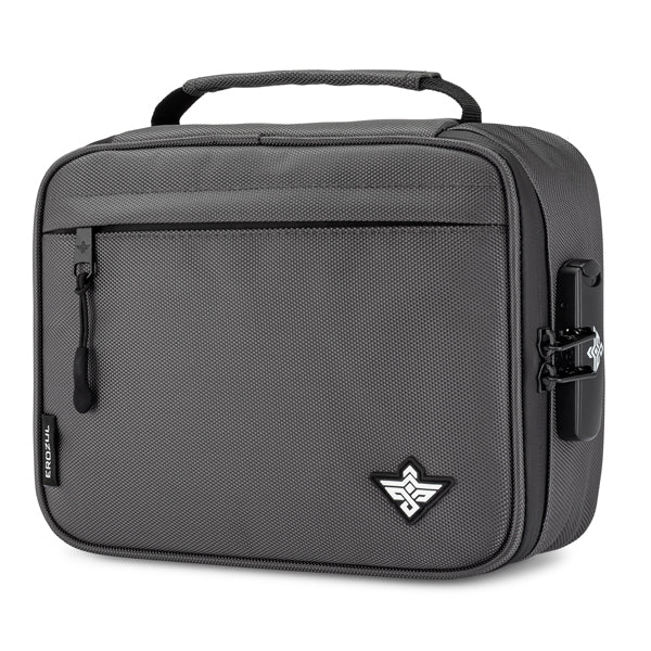 The Erozul Exodus v2 Smell Proof Case by Erozul is a gray rectangular travel case featuring a front zippered pocket, carrying handle, and combination lock. Its activated carbon lining makes it perfect for organizing essentials and storing smell proof bags.